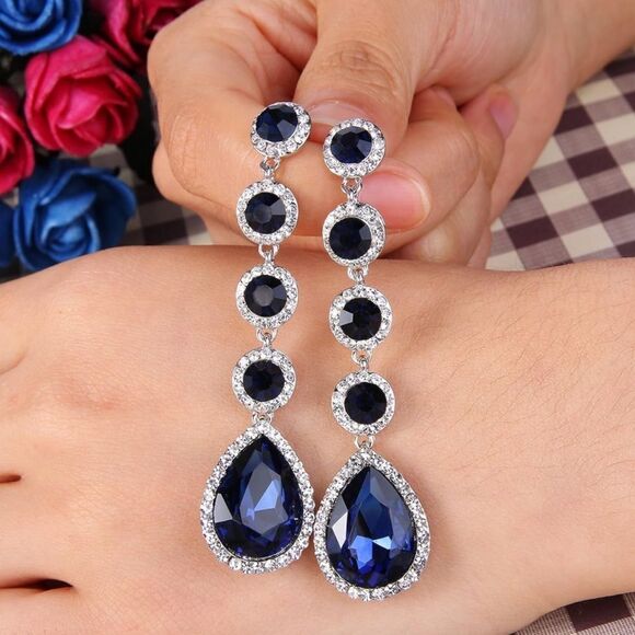 Silver with Sapphire Blue Diamond Austrian Crystal Teardrop Chandelier Earrings - Picture 2 of 6